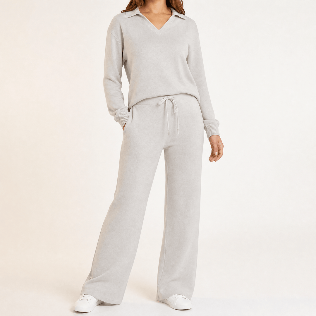 Velaire – V Neck Blouse and Wide Leg Pants Set Gray / S