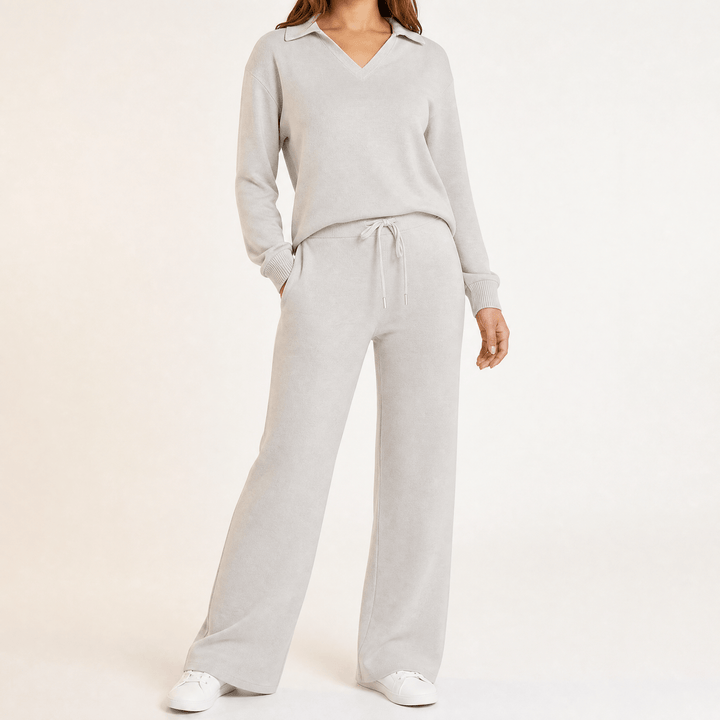 Velaire – V Neck Blouse and Wide Leg Pants Set Gray / S