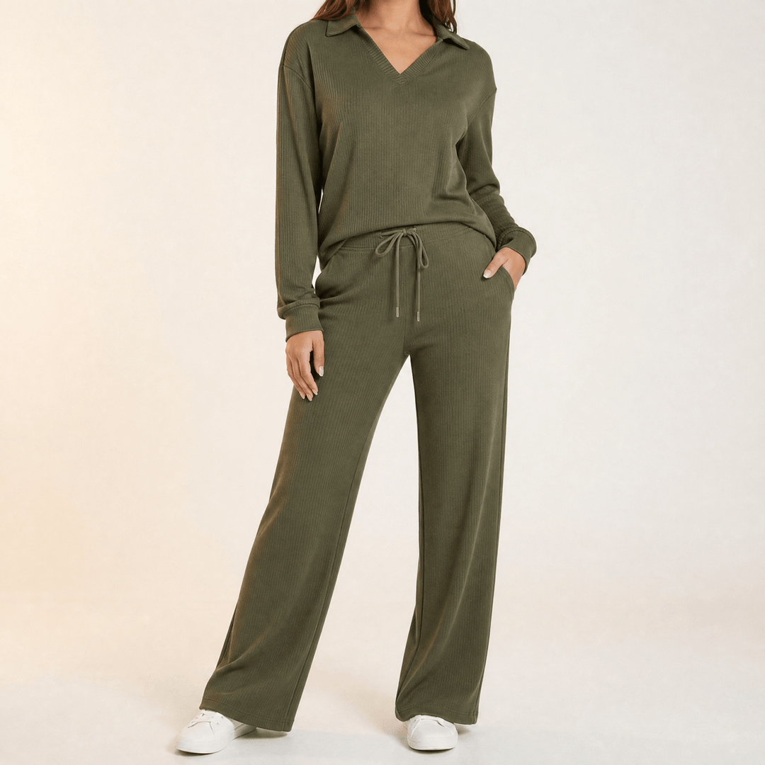 Velaire – V Neck Blouse and Wide Leg Pants Set Green / S
