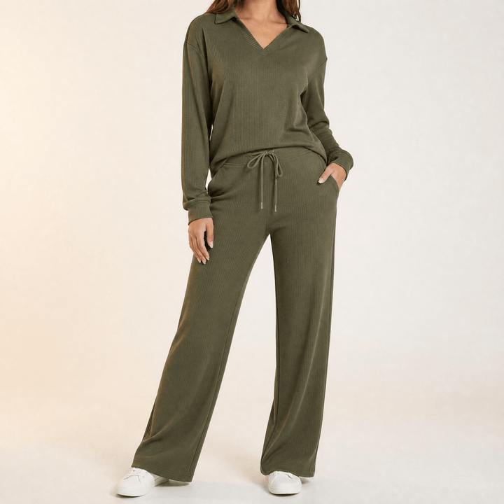 Velaire – V Neck Blouse and Wide Leg Pants Set Green / S