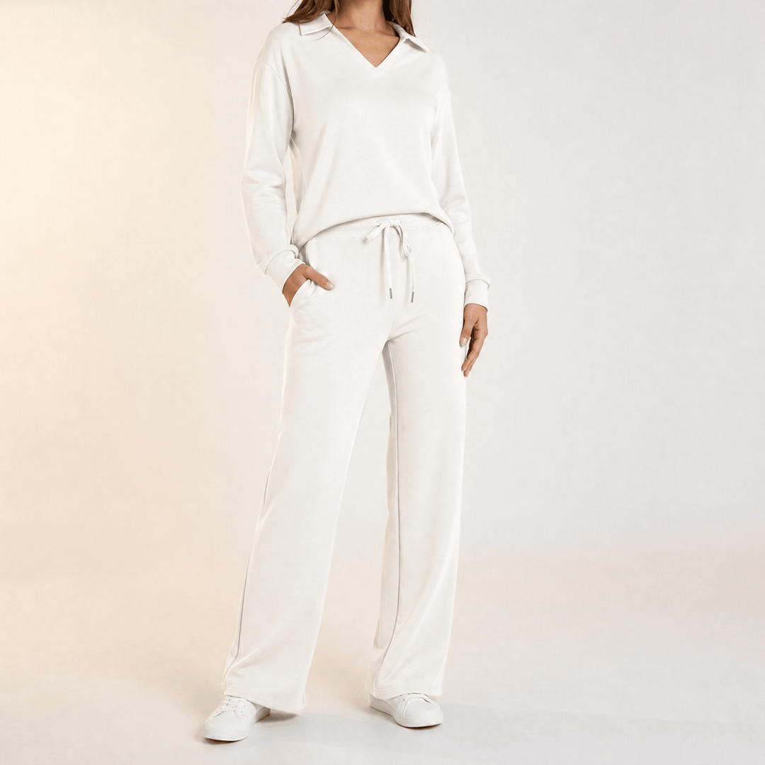 Velaire – V Neck Blouse and Wide Leg Pants Set White / S