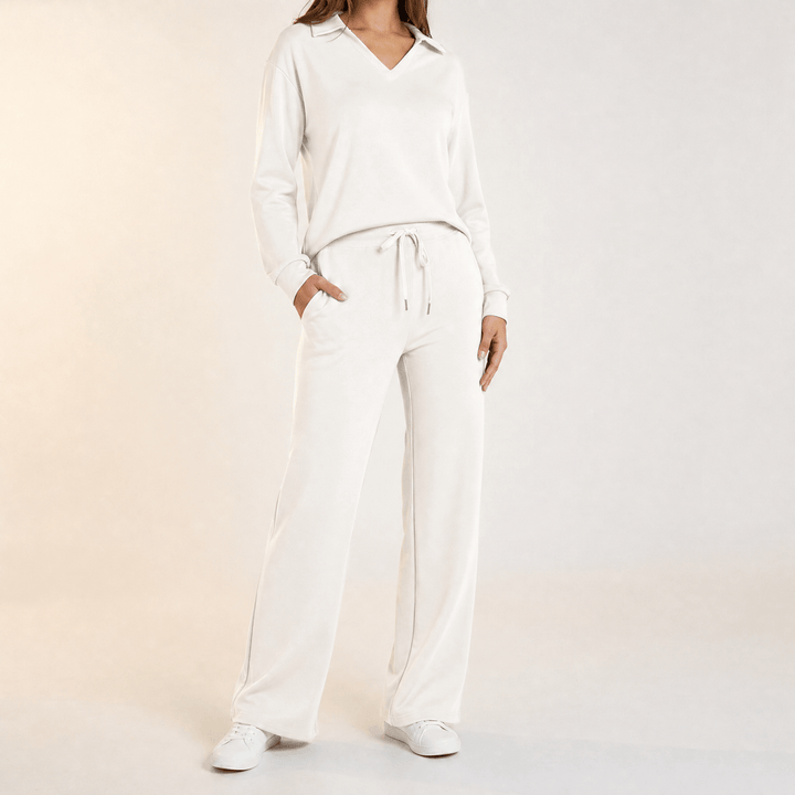 Velaire – V Neck Blouse and Wide Leg Pants Set White / S