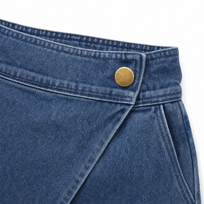 Velara – Asymmetric Wrap-Front Knee-Length Denim Bermuda Shorts