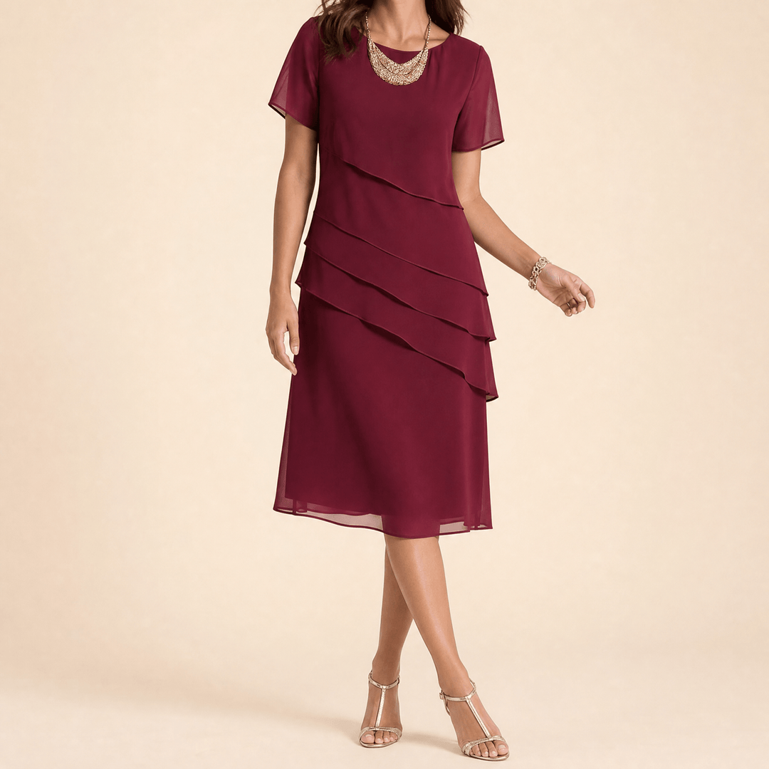 Velara – Women's elegant ruffle midi dress Burgundy