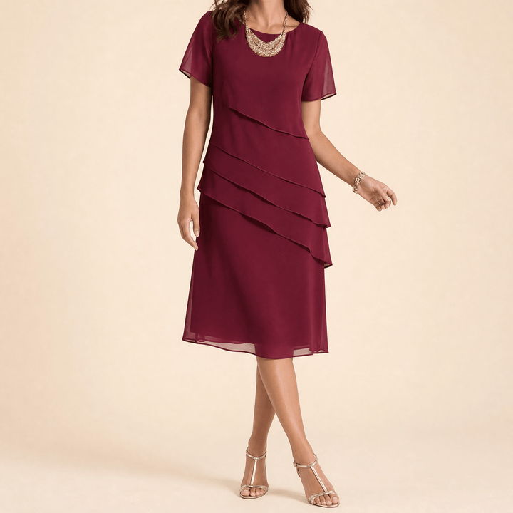 Velara – Women's elegant ruffle midi dress Burgundy