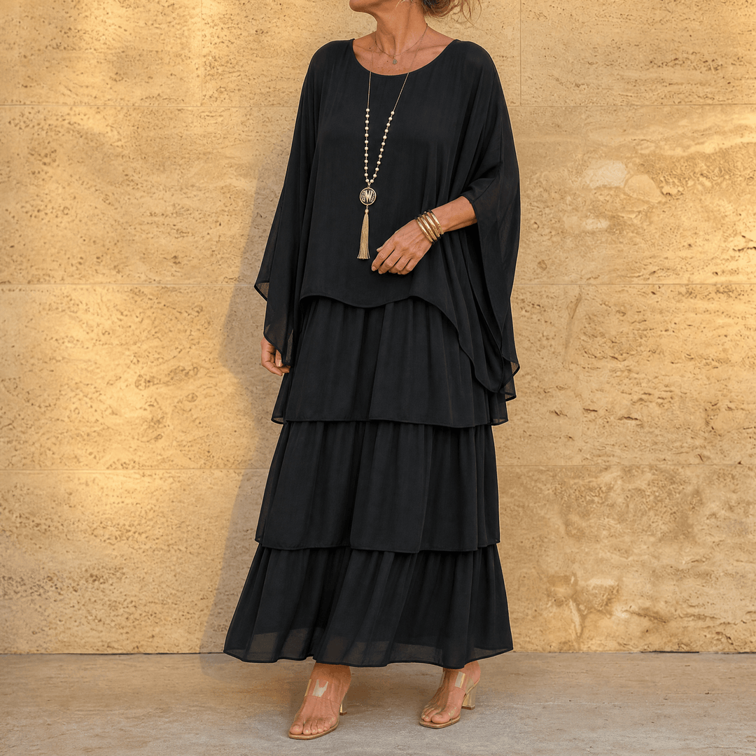 Velara – Women's Flowing Tiered Chiffon Maxi Dress Black