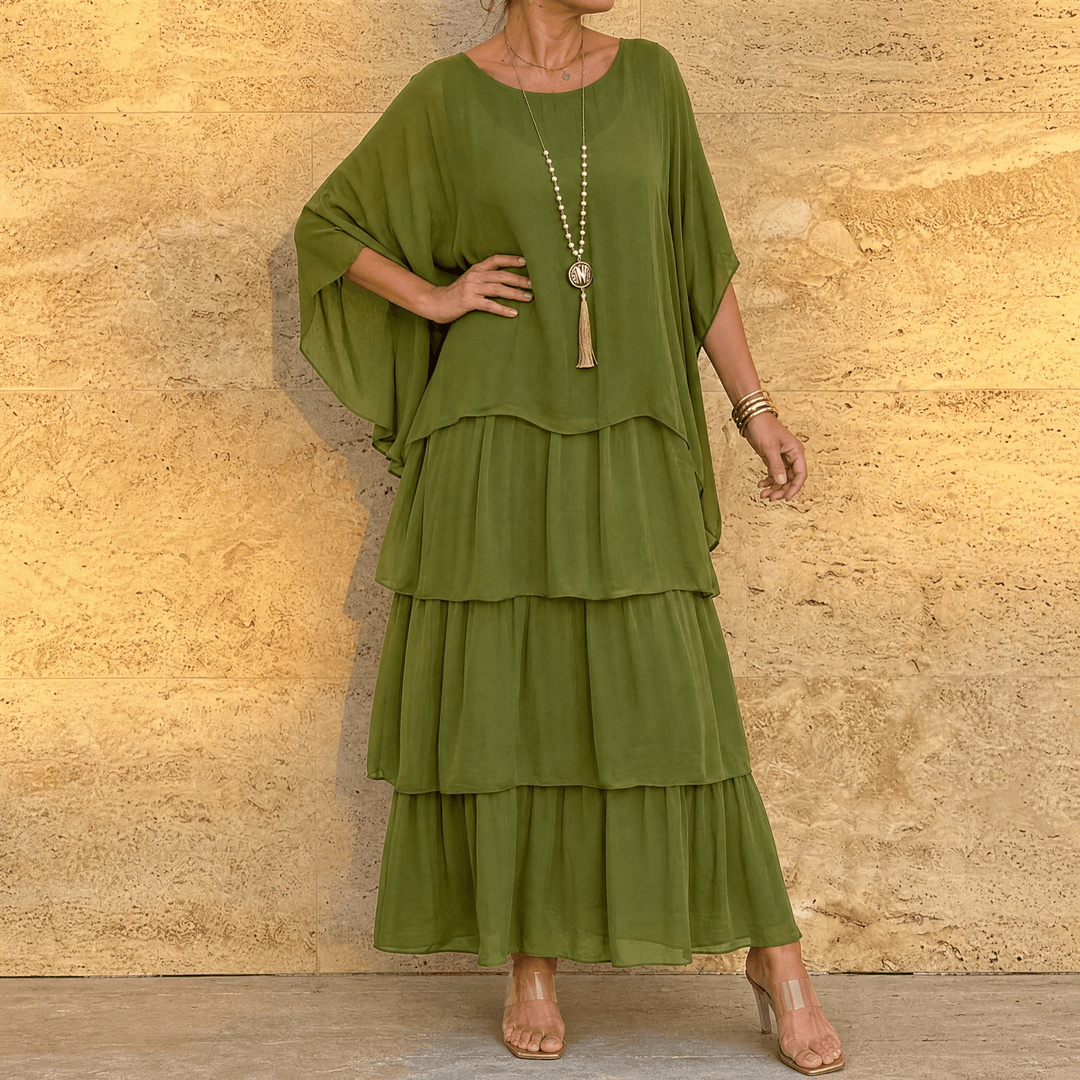 Velara – Women's Flowing Tiered Chiffon Maxi Dress Olive Green
