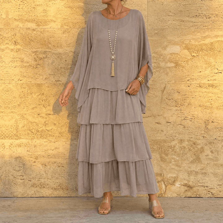 Velara – Women's Flowing Tiered Chiffon Maxi Dress Taupe