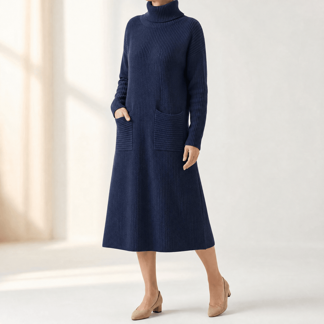 Velara – Women's Relaxed Turtleneck Sweater Dress with Pockets Blue