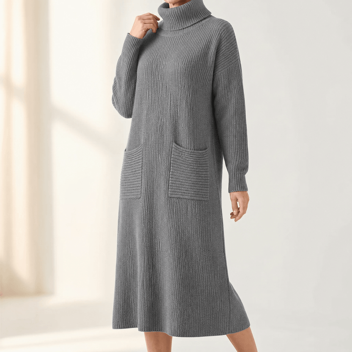 Velara – Women's Relaxed Turtleneck Sweater Dress with Pockets Gray