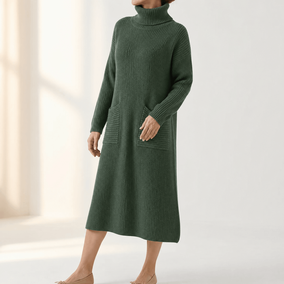 Velara – Women's Relaxed Turtleneck Sweater Dress with Pockets Green