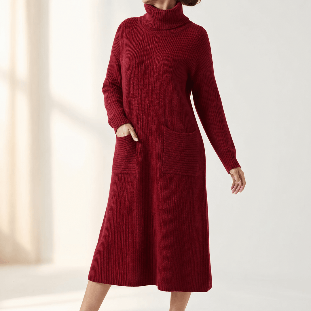 Velara – Women's Relaxed Turtleneck Sweater Dress with Pockets Red