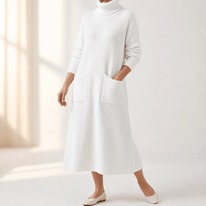 Velara – Women's Relaxed Turtleneck Sweater Dress with Pockets White