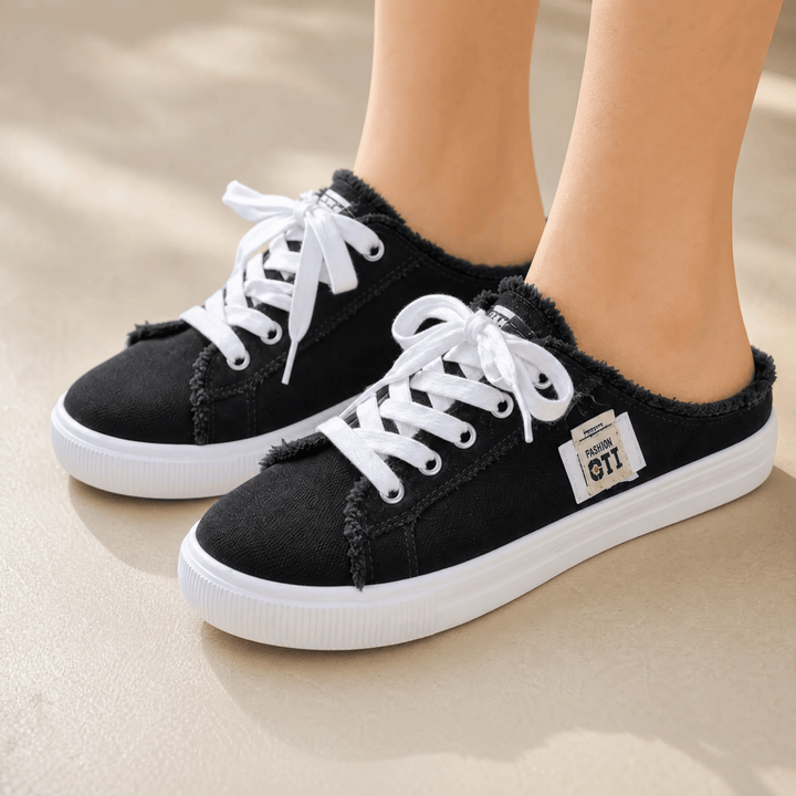 Vellora – Frayed Denim Slip-On Sneakers Black / 5