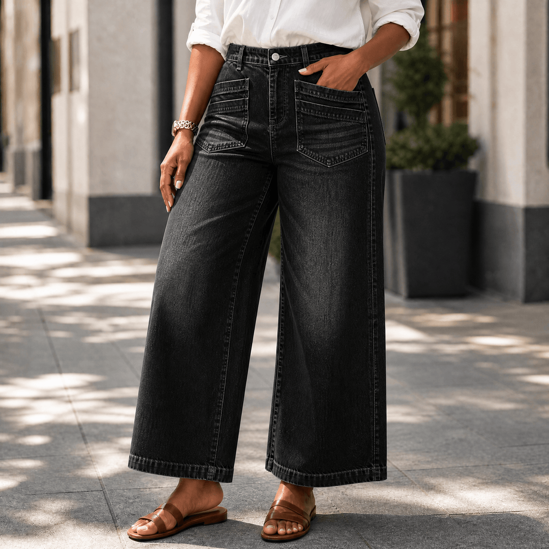 Vellora – Women's Patch-Pocket Wide-Leg Jeans Black