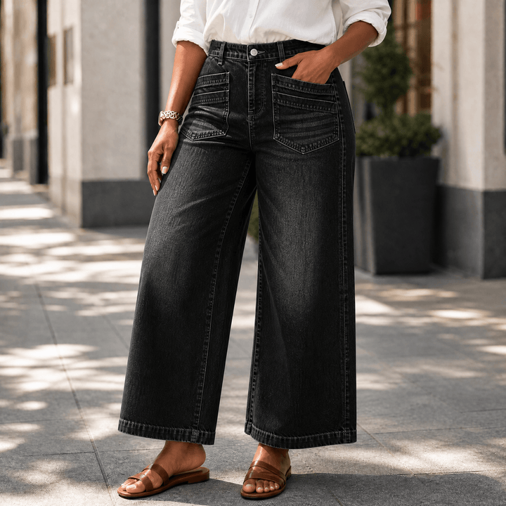 Vellora – Women's Patch-Pocket Wide-Leg Jeans Black