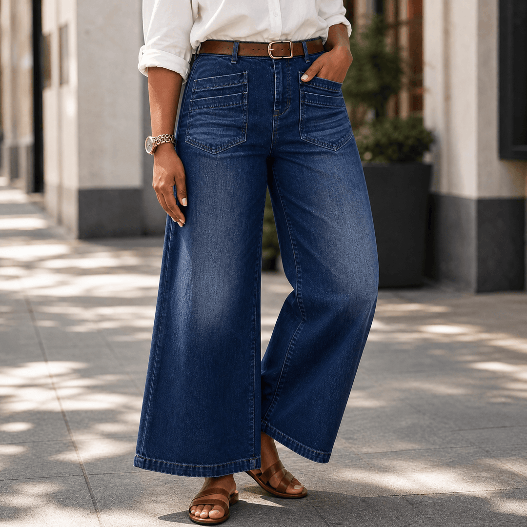 Vellora – Women's Patch-Pocket Wide-Leg Jeans Dark Blue