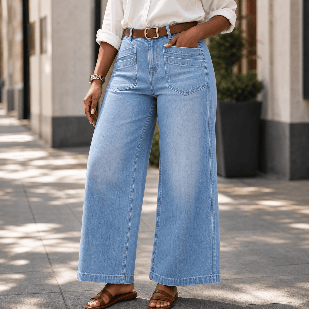Vellora – Women's Patch-Pocket Wide-Leg Jeans Sky Blue