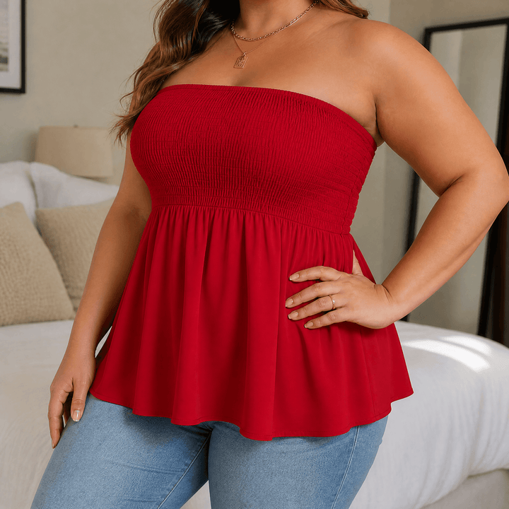 Vellora – Women's Strapless Smocked Babydoll Top Bold Red /
