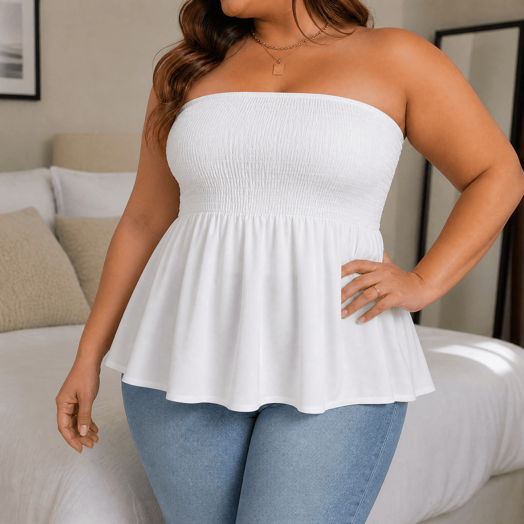 Vellora – Women's Strapless Smocked Babydoll Top Crisp White / S