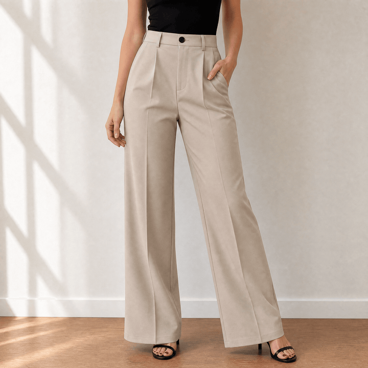 Velora – Women's High-Waist Wide-Leg Trousers Beige