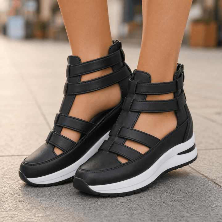 Veluna – Caged Wedge Sandals with Hidden Platform Black / 5
