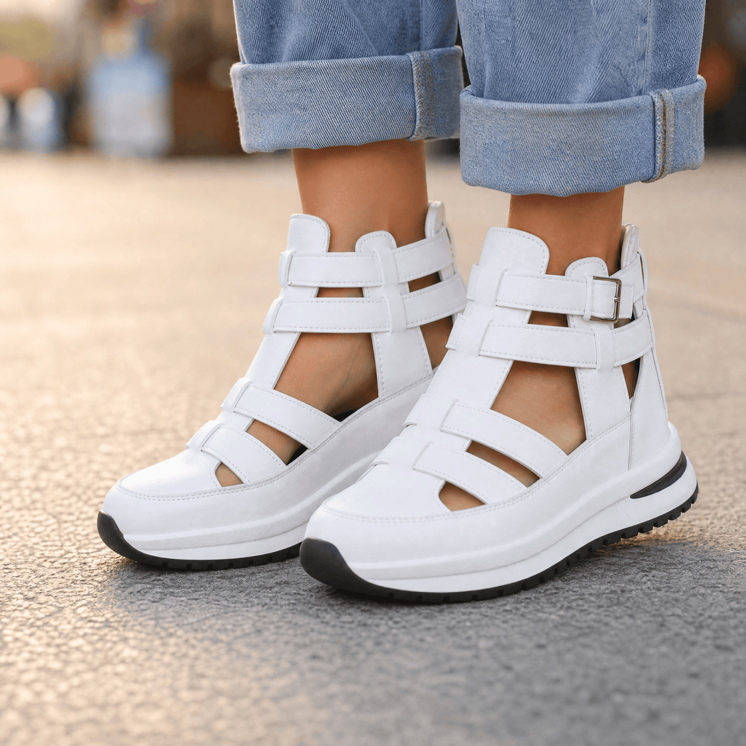 Veluna – Caged Wedge Sandals with Hidden Platform White / 5