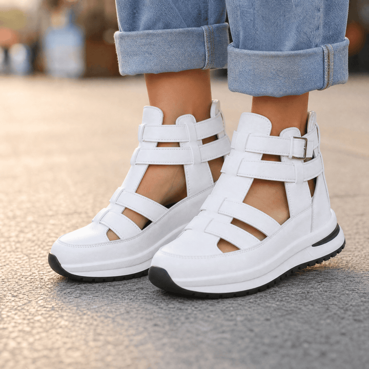 Veluna – Caged Wedge Sandals with Hidden Platform White / 5