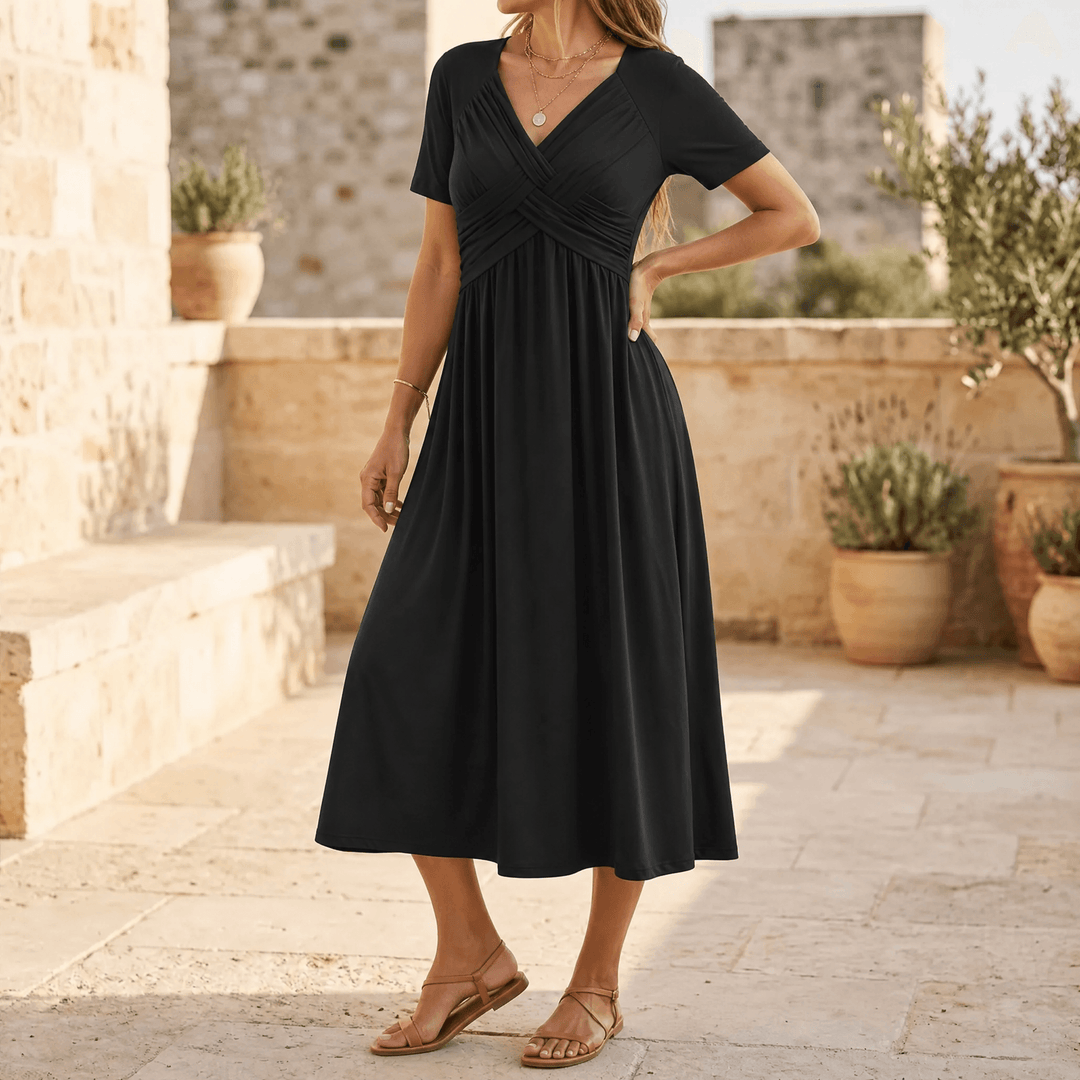 Veluna – Crossover V-Neck Midi Dress with Pockets Black