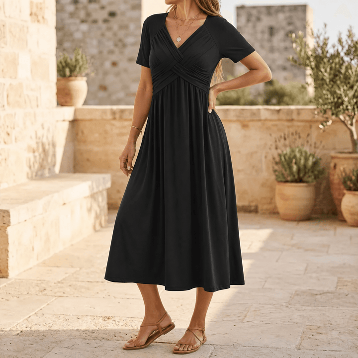 Veluna – Crossover V-Neck Midi Dress with Pockets Black