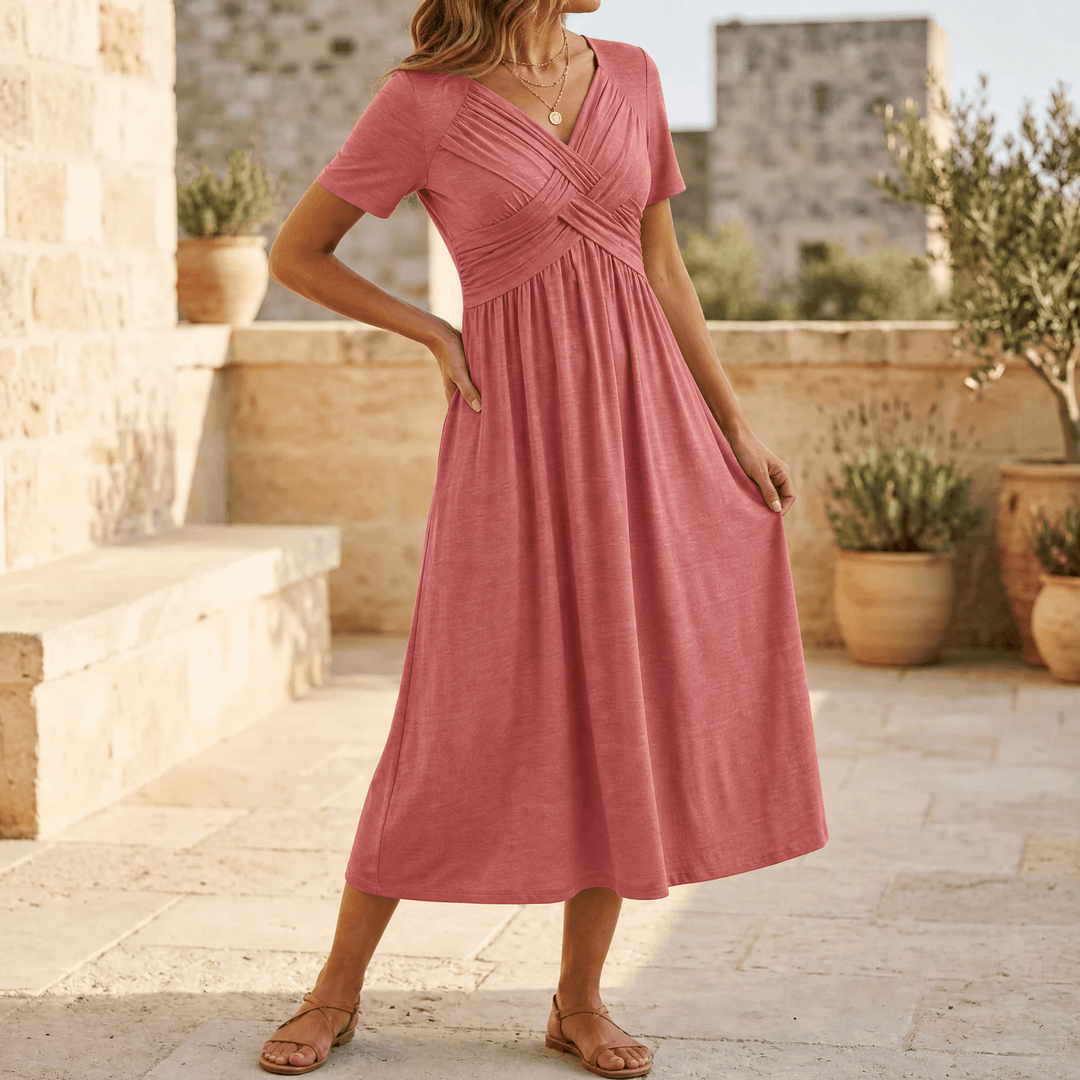 Veluna – Crossover V-Neck Midi Dress with Pockets Dusty Pink