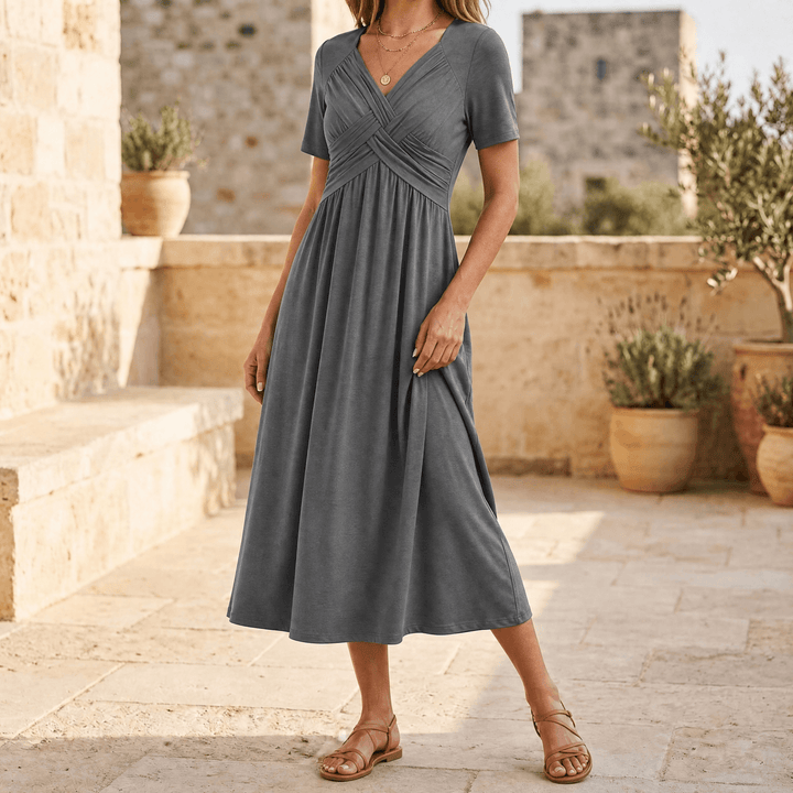 Veluna – Crossover V-Neck Midi Dress with Pockets Heather Grey