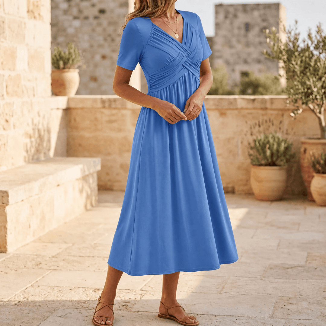 Veluna – Crossover V-Neck Midi Dress with Pockets Powder Blue