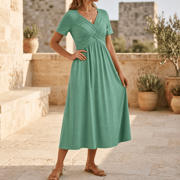 Veluna – Crossover V-Neck Midi Dress with Pockets Sage Green