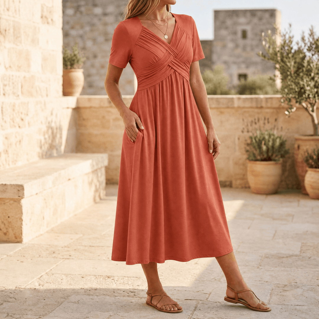 Veluna – Crossover V-Neck Midi Dress with Pockets Terracotta