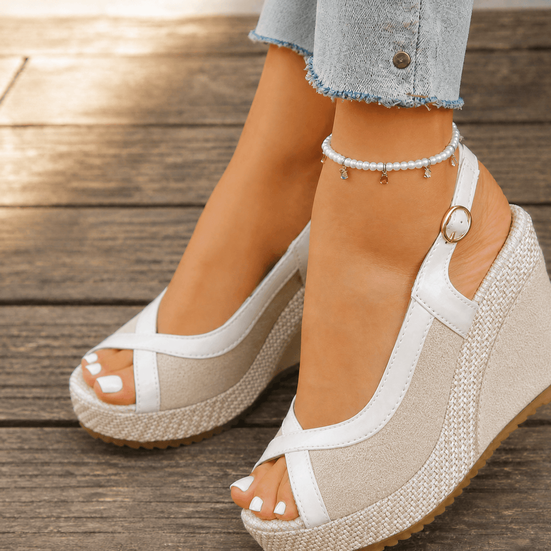 Veluna – Cushioned Peep-Toe Wedge Sandals Beige / 6