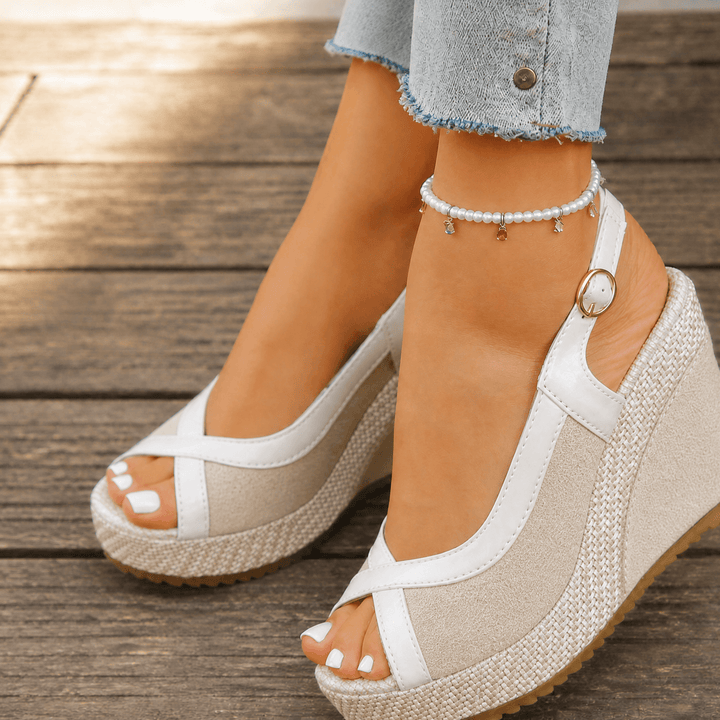 Veluna – Cushioned Peep-Toe Wedge Sandals Beige / 6