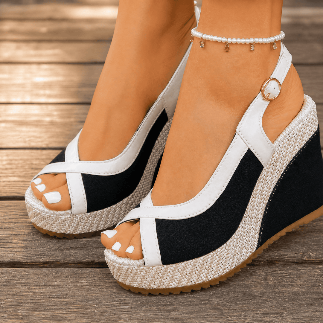 Veluna – Cushioned Peep-Toe Wedge Sandals Black / 6