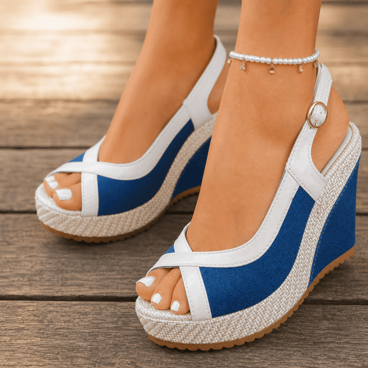 Veluna – Cushioned Peep-Toe Wedge Sandals Blue / 6