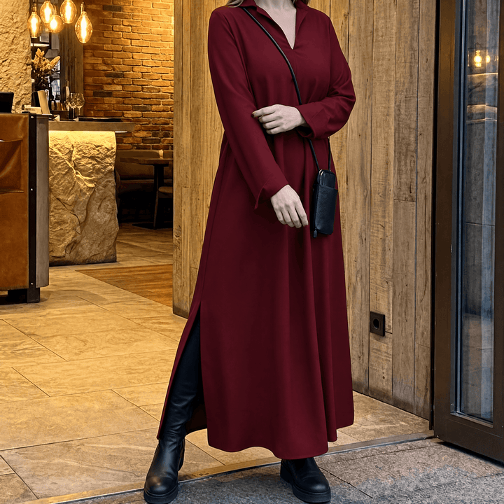 Veluna – Effortless Side Slit Maxi Dress for Women burgundy