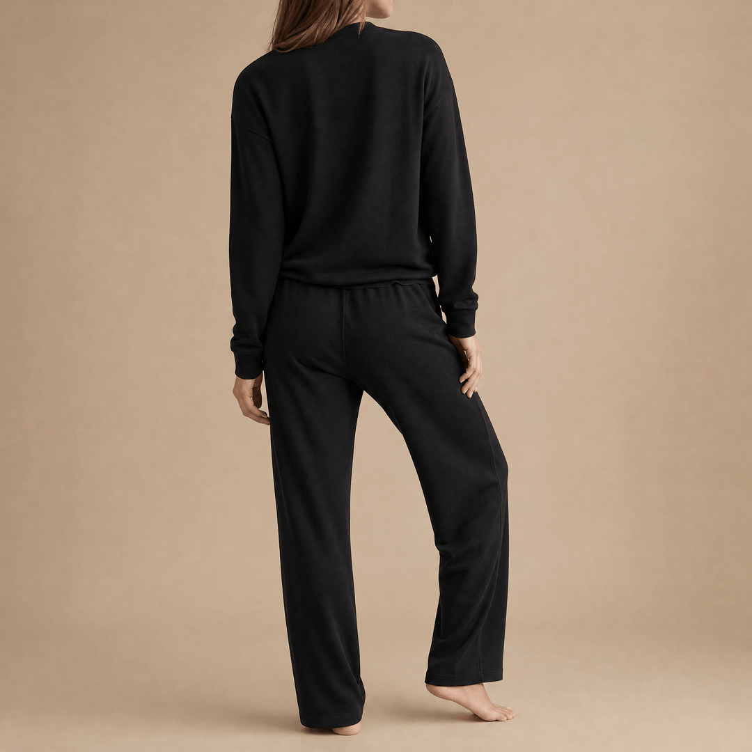 Veluna – Soft V-Neck Lounge Set with Wide Leg Pants Black /