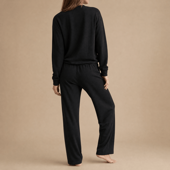 Veluna – Soft V-Neck Lounge Set with Wide Leg Pants Black /
