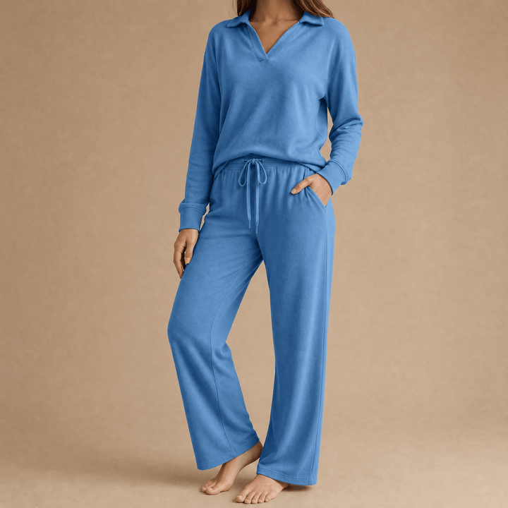 Veluna – Soft V-Neck Lounge Set with Wide Leg Pants Blue /