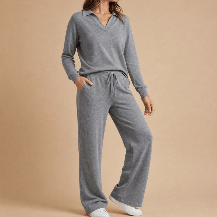 Veluna – Soft V-Neck Lounge Set with Wide Leg Pants Gray /