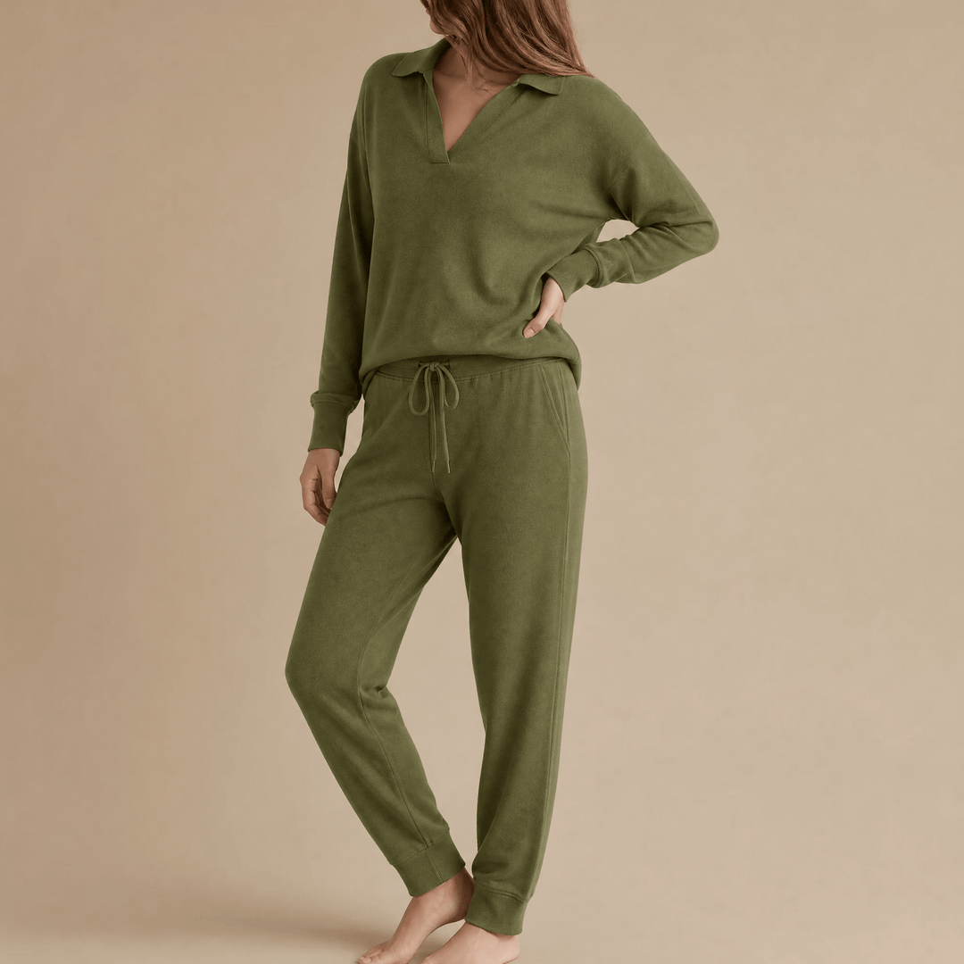 Veluna – Soft V-Neck Lounge Set with Wide Leg Pants Green /