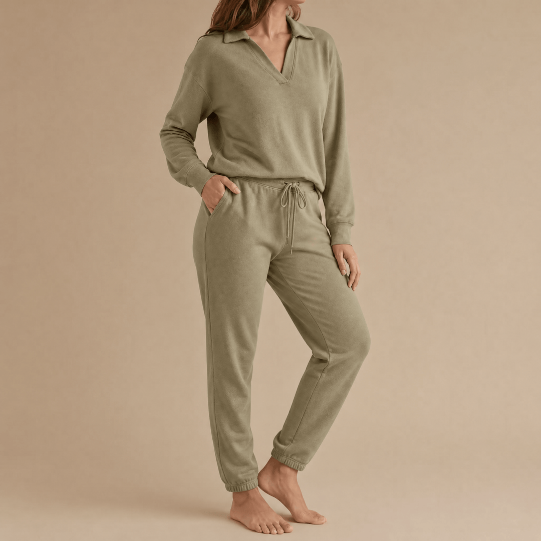 Veluna – Soft V-Neck Lounge Set with Wide Leg Pants Khaki /