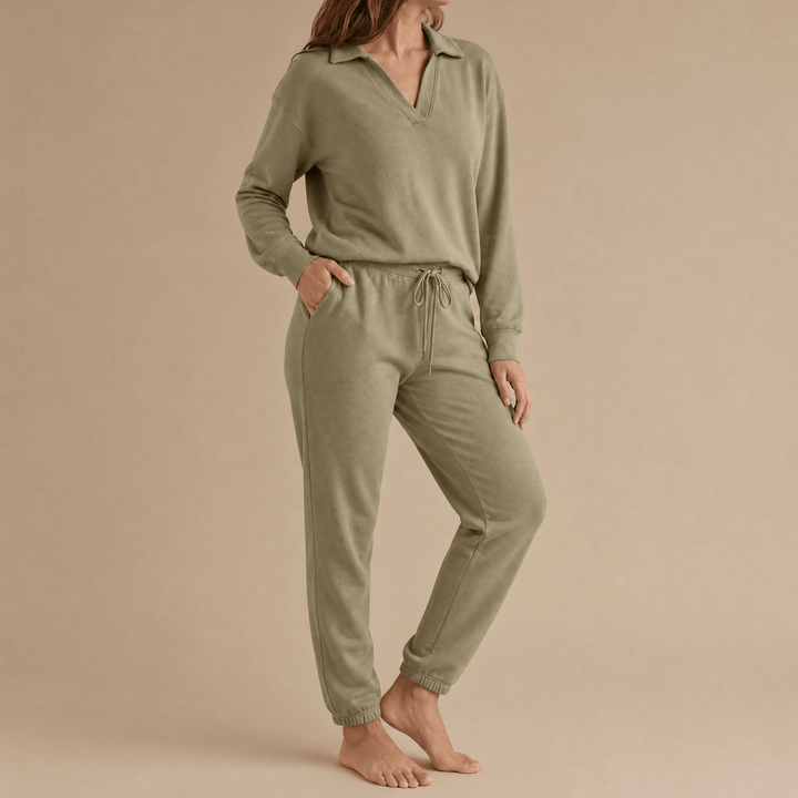 Veluna – Soft V-Neck Lounge Set with Wide Leg Pants Khaki /