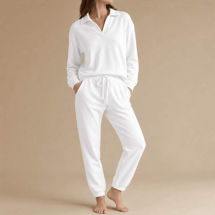 Veluna – Soft V-Neck Lounge Set with Wide Leg Pants White /