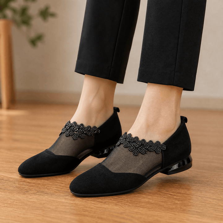 Veluna – Women's Beaded Lace Mesh Wedge Shoes Black / 5