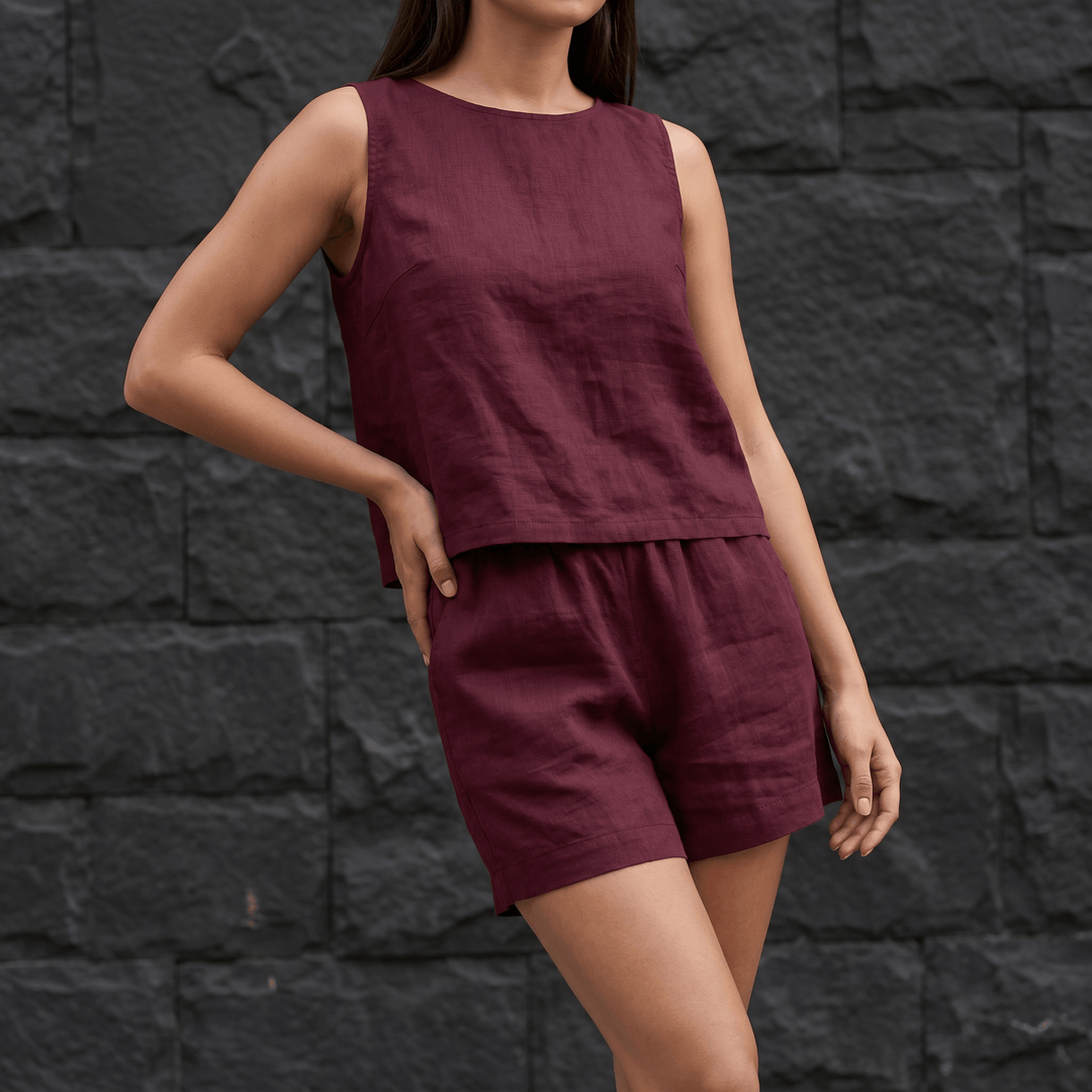 Veluna – Women's Breezy V-Neck Summer Set Burgundy /